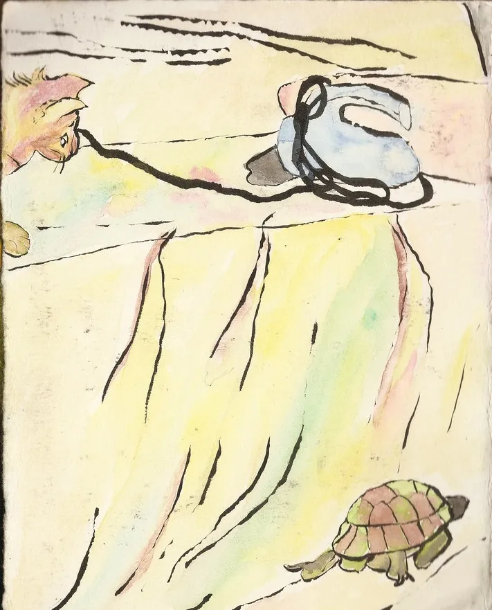 Watercolor drawing of a cat watching a turtle walk across rumpled fabric